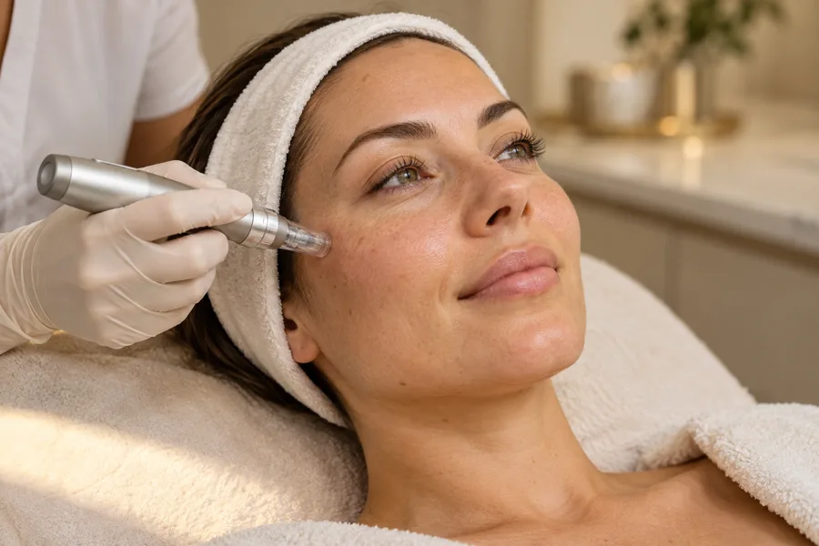 Illustration of an adult woman receiving cheek microneedling with a pen held by a gloved practitioner