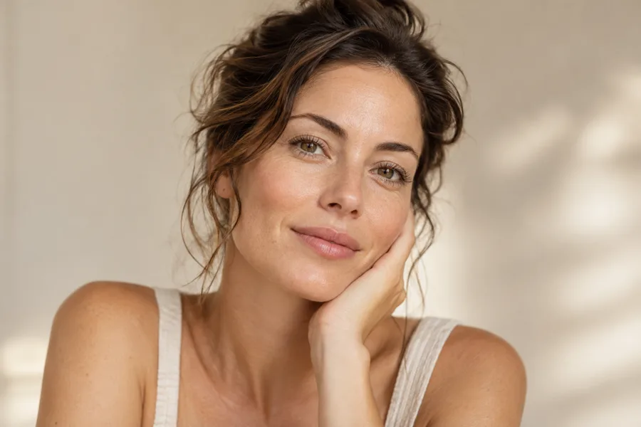 Illustrative portrait of an adult woman with natural skin texture